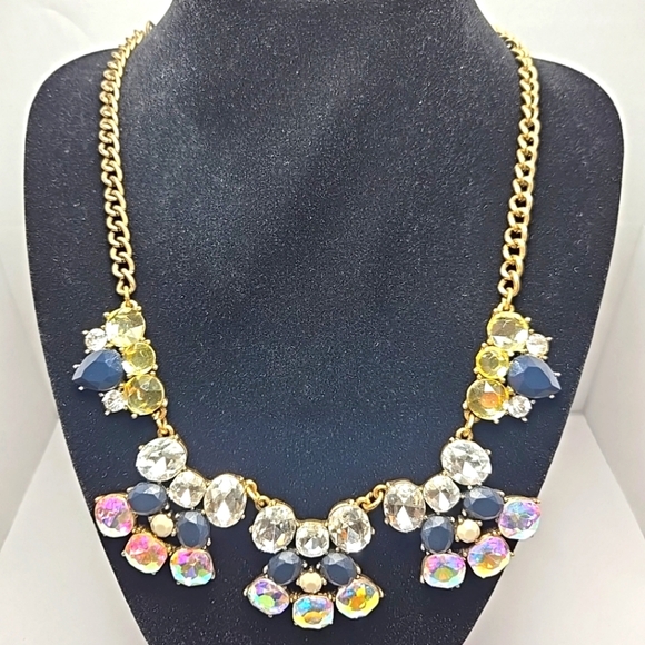J CREW Faceted Crystals Gold Tone Statement Bib Chain Necklace Navy Adjustable - Picture 1 of 8